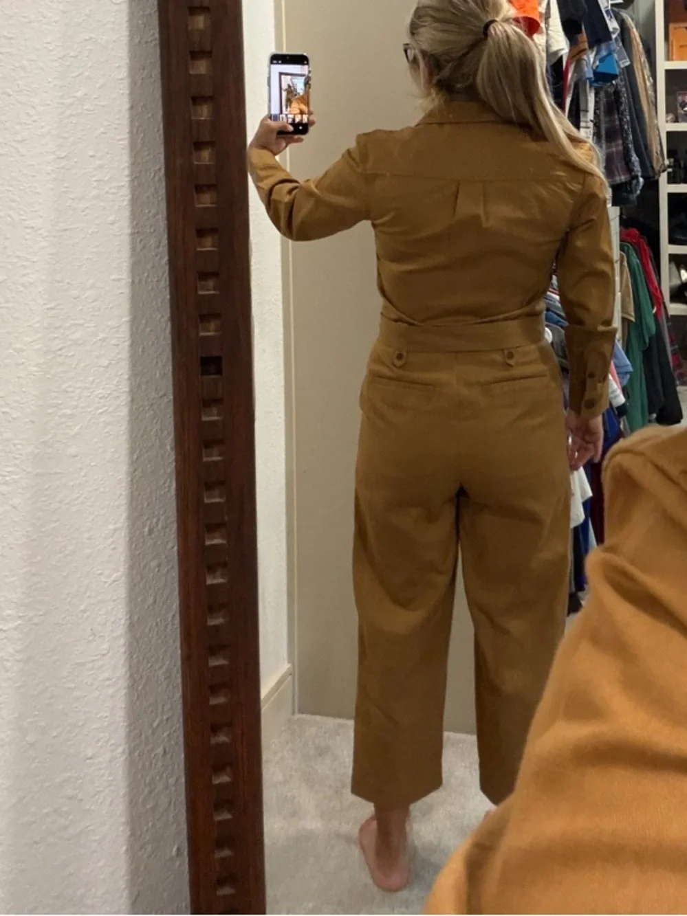 camel-colored Banana Republic Heritage Safari Cotton-Linen Cropped Jumpsuit
